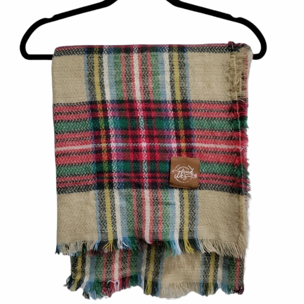 Southern Fried Chics tan red plaid blanket/scarf/shawl